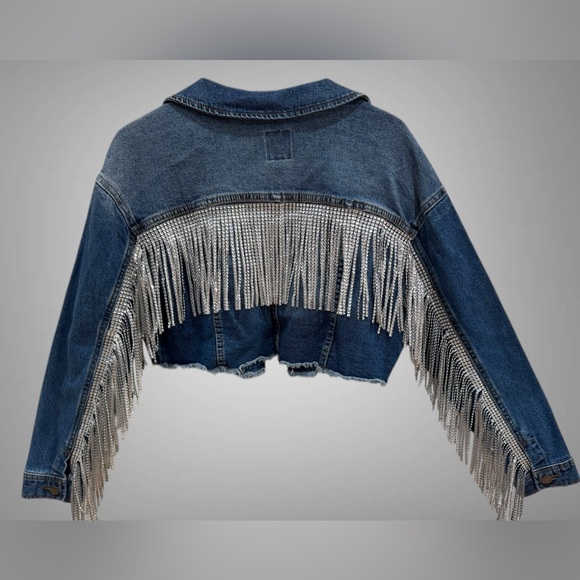 Blue Denim Cropped Jacket with Rhinestone Fringe Size Medium - Picture 2 of 8